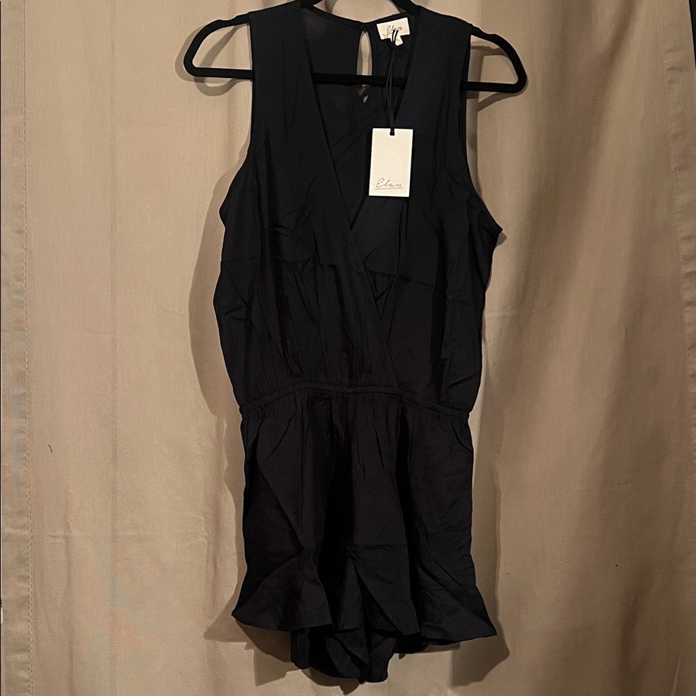 Elan Black Sleeveless Romper Ruffle Hem Elastic Waist Boho size L - Picture 2 of 7